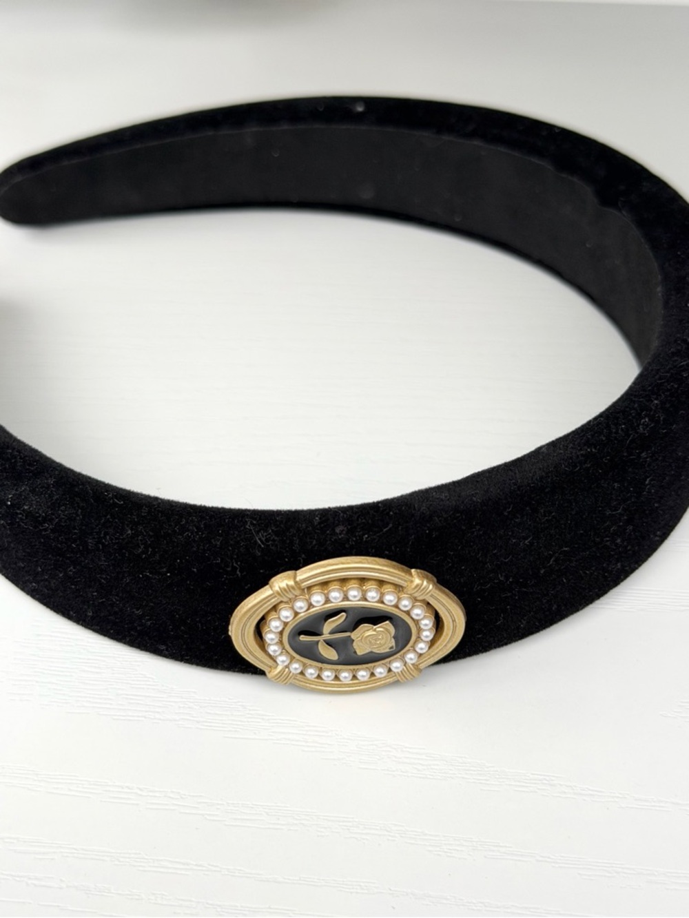 Black Velvet Headband with Gold & Pearl Floral Emblem - Picture 3 of 3